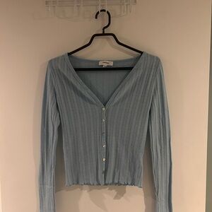 Women's Blue V-Neck Button-Up Sweater